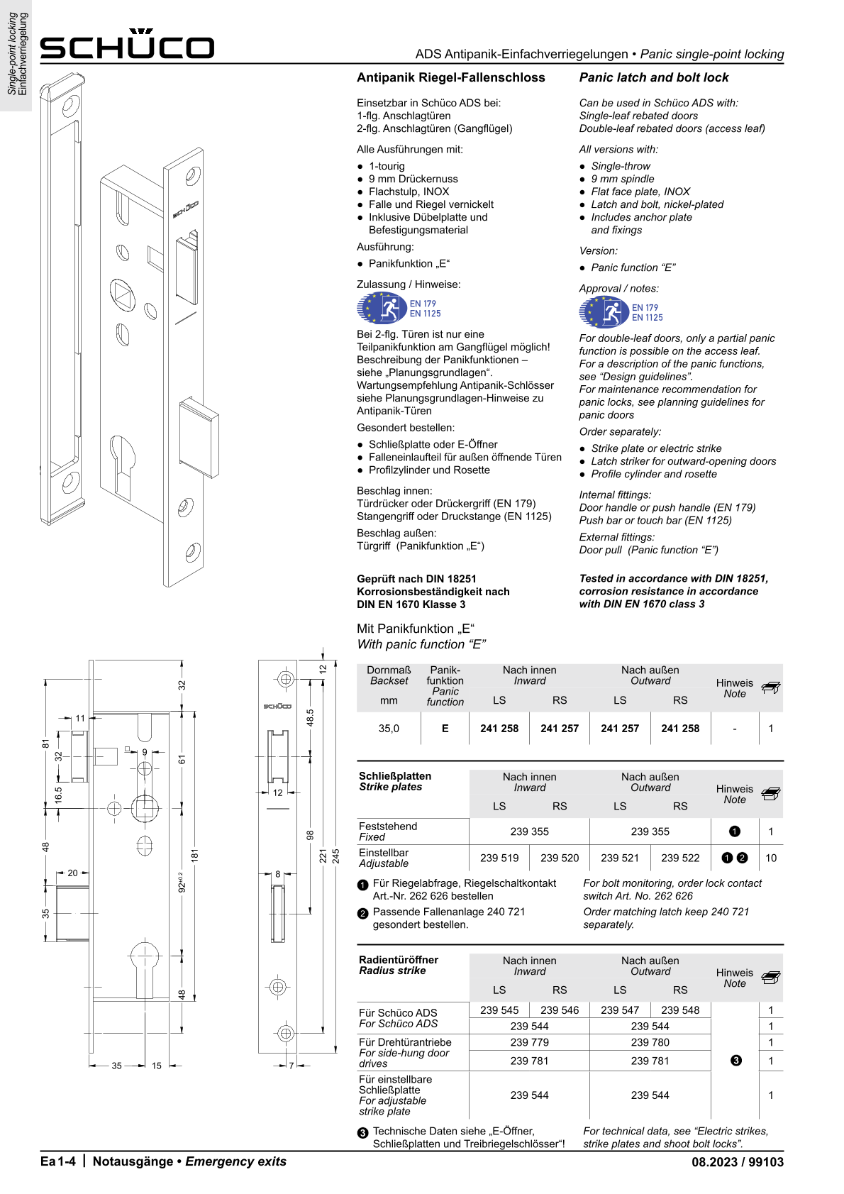 Schüco Antipanik Riegel-Fallenschloss 241258 Fkt. E